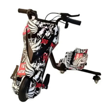Electric scooter with black frame and zebra graffiti print, front headlight and handlebars