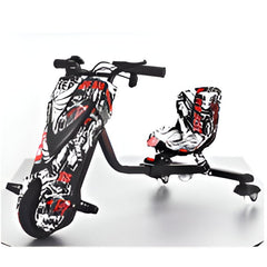 Aster Drifter 36V electric scooter with black, white, and red graffiti-style design and seated drifting frame
