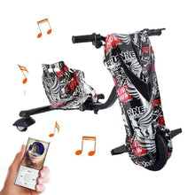 Electric scooter with black frame and zebra graffiti print, wide front wheel and handlebars