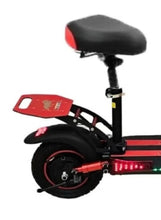 Black electric scooter with seat, red front fender, and illuminated rear light