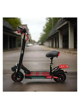 Black electric scooter with seat and red LED light strip along the deck
