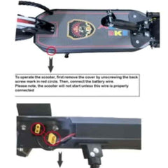 Close-up of Huitich Aster E10 high powered e-bike scooter battery connection instructions