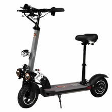 Electric e-scooter with seat, grey frame and black handlebars