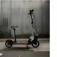 Electric e-scooter with seat and grey frame shown in full side view