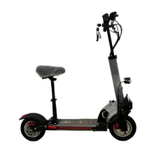 Electric e-scooter with seat, black wheels and grey deck