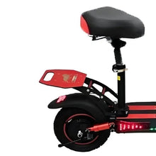 Electric scooter front close-up, black seat, red fender panel, glowing LED deck