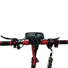 Electric scooter dashboard view, digital display, red handle grips, brake lever