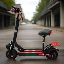 Electric scooter in profile, black frame with red deck and LED light strip