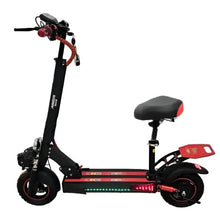 Folding electric scooter, black body with red stripe, front and rear wheels shown