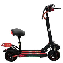 Electric scooter, black frame with red details, seat and handlebar in view
