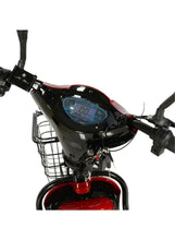 Red and black electric bike display with handlebars and front wire basket