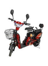 Red electric pedal-assist bike with front basket, dual seats and headlights