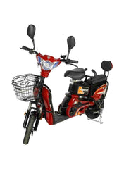 Aster electric pedal assist bike in red with front basket and rear passenger seat