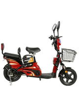 Red electric pedal-assist bike with front wire basket, rear cargo rack