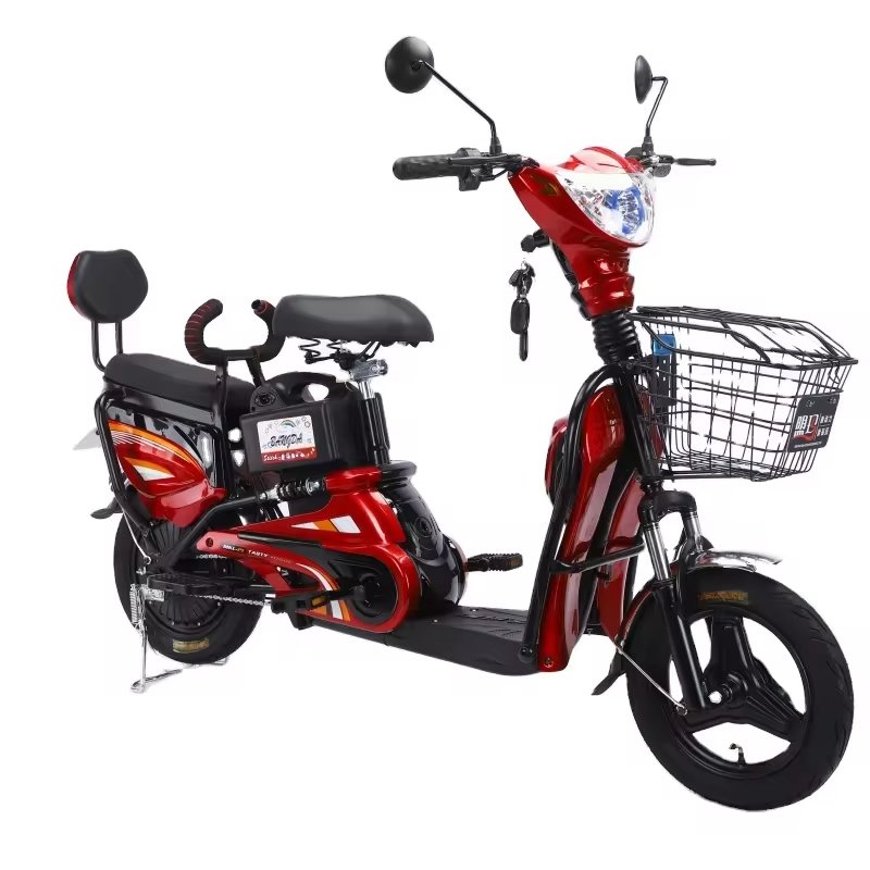 Aster electric pedal assist bike red grocery scooter with front basket and rear seat backrest