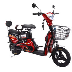 Aster electric pedal assist bike red grocery scooter with front basket and rear seat backrest