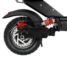 Electric scooter front wheel with disc brake, red suspension spring, and fender