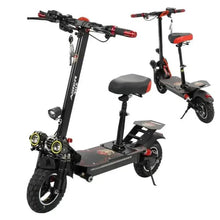 Electric scooter with black frame, red handlebars, and gray seat