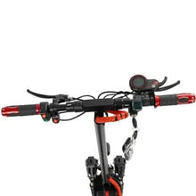 Electric scooter handlebar control with display, red grips, and brake levers