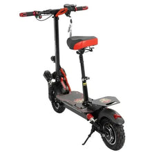 Electric scooter with black deck, large tires, and red-accented seat