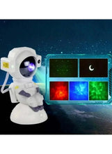 White astronaut night light projecting colorful space visuals with remote nearby