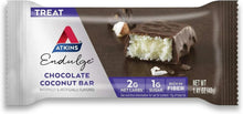 Atkins Endulge chocolate coconut bar package with wrapped bar and coconut pieces