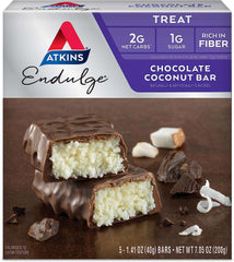 Box of Atkins Endulge with two cut chocolate coconut bars and package showing nutrition Atkins chocolate coconut bars UAE