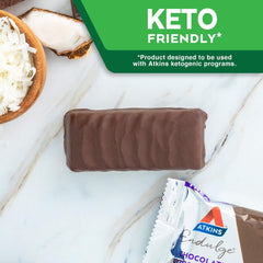 Atkins chocolate coconut bars UAE single chocolate coated coconut bar with broken wrapper and coconut pieces
