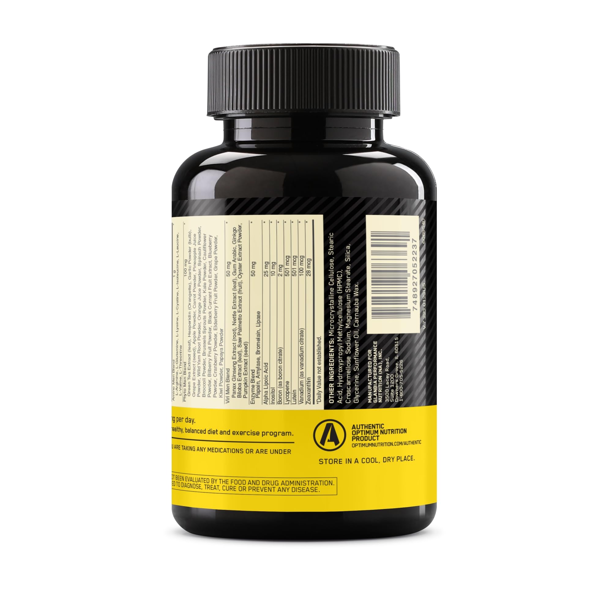 Optimum Nutrition black bottle showing supplement facts and barcode for men's daily multivitamin supplement