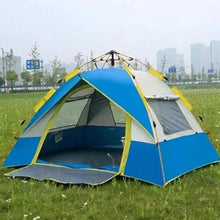 Pop-up camping tent with blue and yellow rainfly, open front mesh window