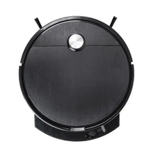 Robotic vacuum cleaner front view, black circular body with central silver button