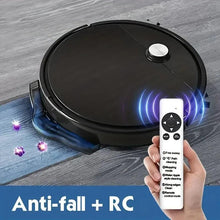 Robotic vacuum cleaner on floor, black round base with blue suction light effects