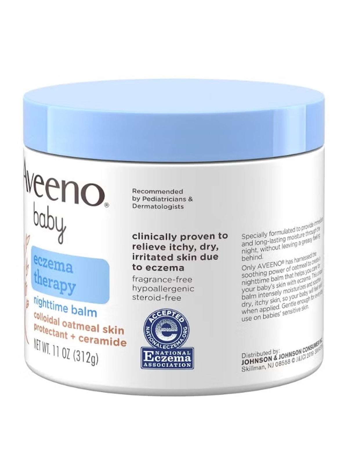 Aveeno Baby eczema therapy night balm in a blue and white container for soothing dry skin