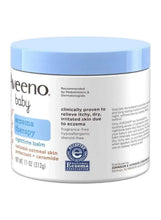 Aveeno baby eczema therapy nighttime balm jar, blue lid, ingredients and directions