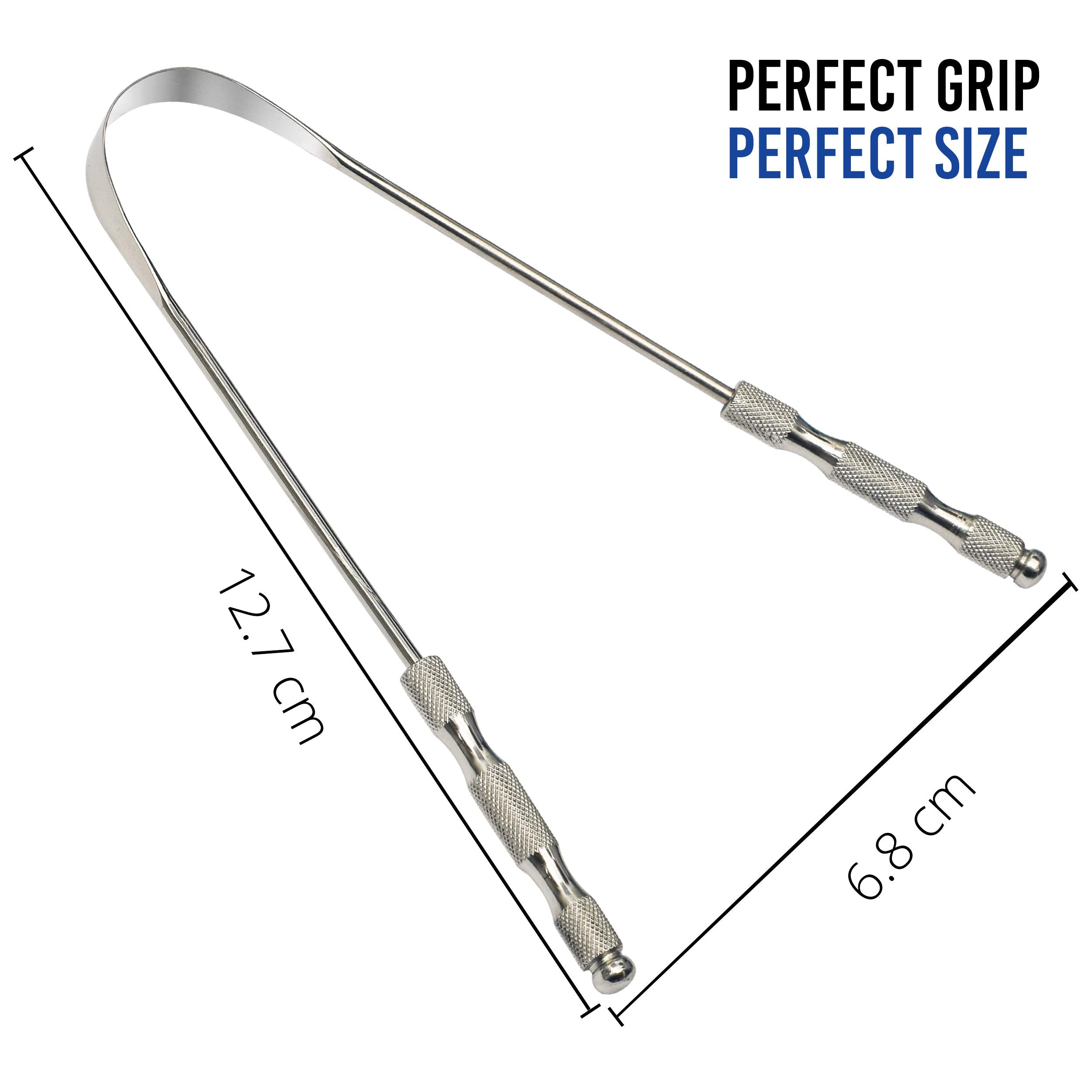 AVOOLI stainless steel tongue scraper UK with textured grip handles and compact 12.7cm size
