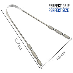AVOOLI stainless steel tongue scraper UK with textured grip handles and compact 12.7cm size