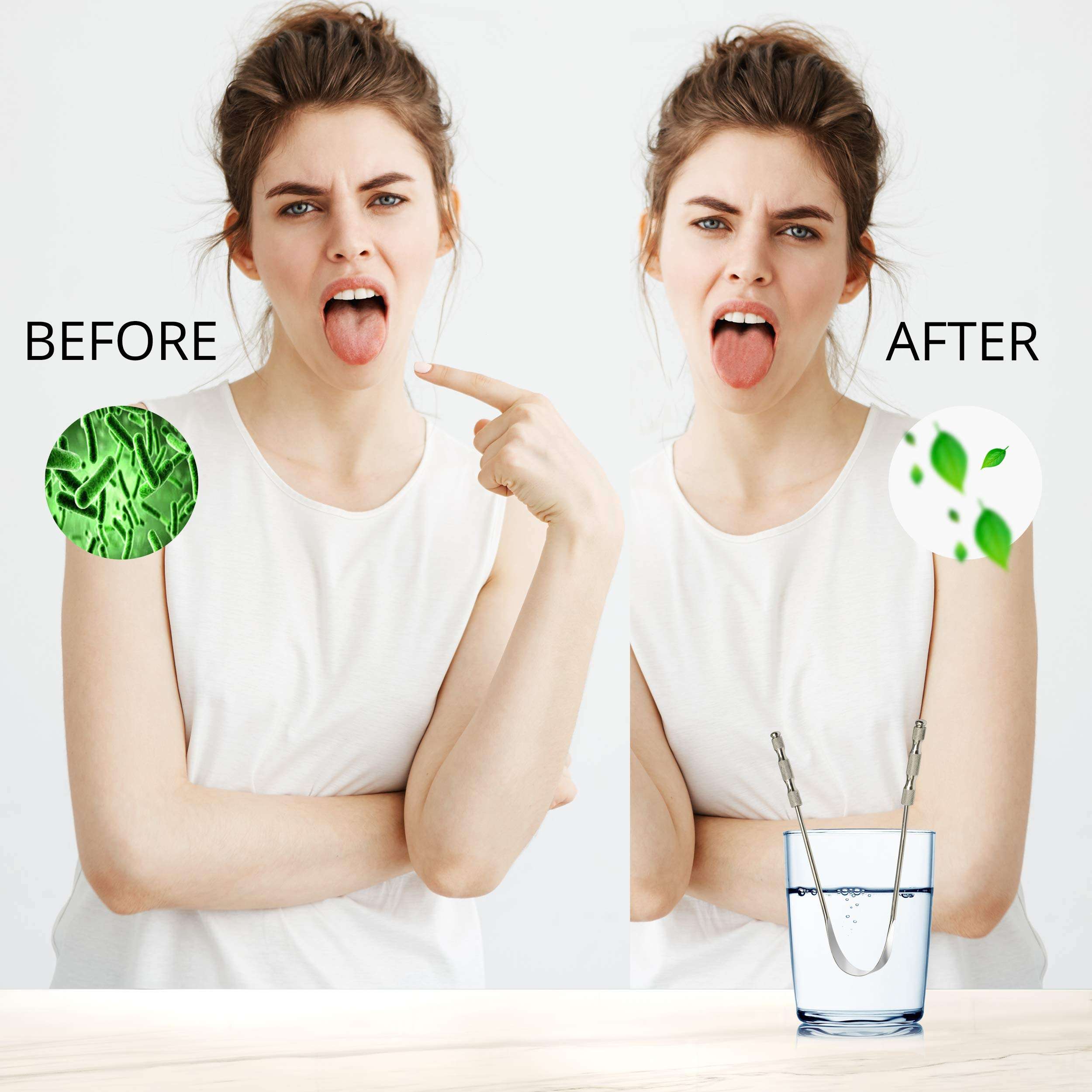AVOOLI stainless steel tongue scraper UK before and after image showing dirty tongue vs clean tongue with scraper