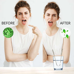 AVOOLI stainless steel tongue scraper UK before and after image showing dirty tongue vs clean tongue with scraper