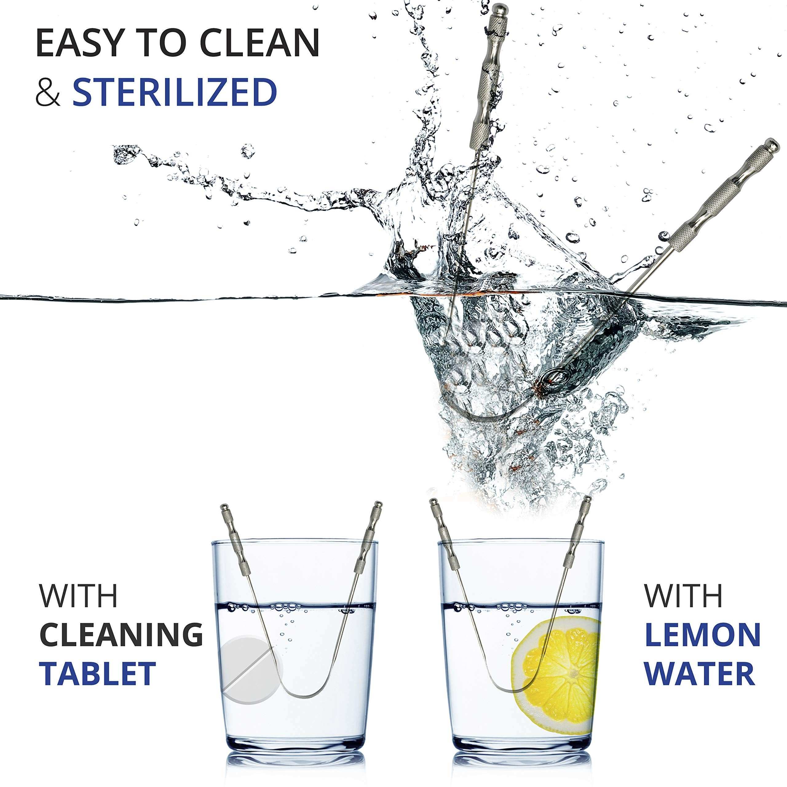 AVOOLI stainless steel tongue scraper UK being sterilized in water two scrapers in glasses with lemon and tablet
