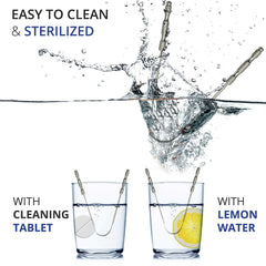 AVOOLI stainless steel tongue scraper UK being sterilized in water two scrapers in glasses with lemon and tablet
