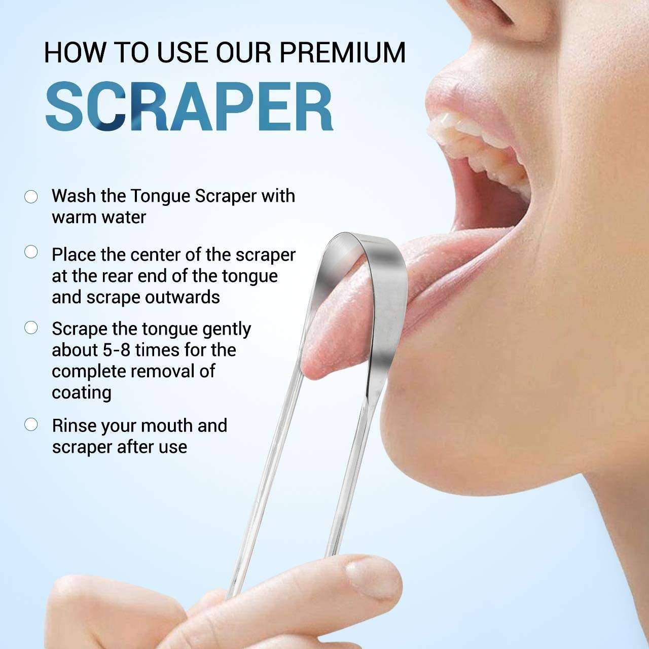 AVOOLI stainless steel tongue scraper UK shown in use scraping tongue with instruction text