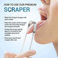 AVOOLI stainless steel tongue scraper UK shown in use scraping tongue with instruction text