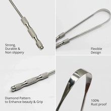 Stainless steel tongue scrapers with diamond-pattern grip and flexible neck