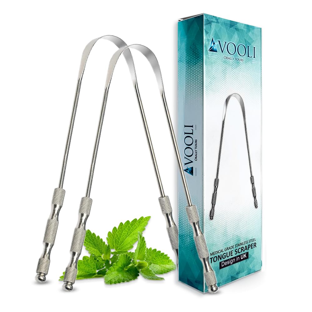 AVOOLI stainless steel tongue scraper UK twin pack with textured handles and gift box