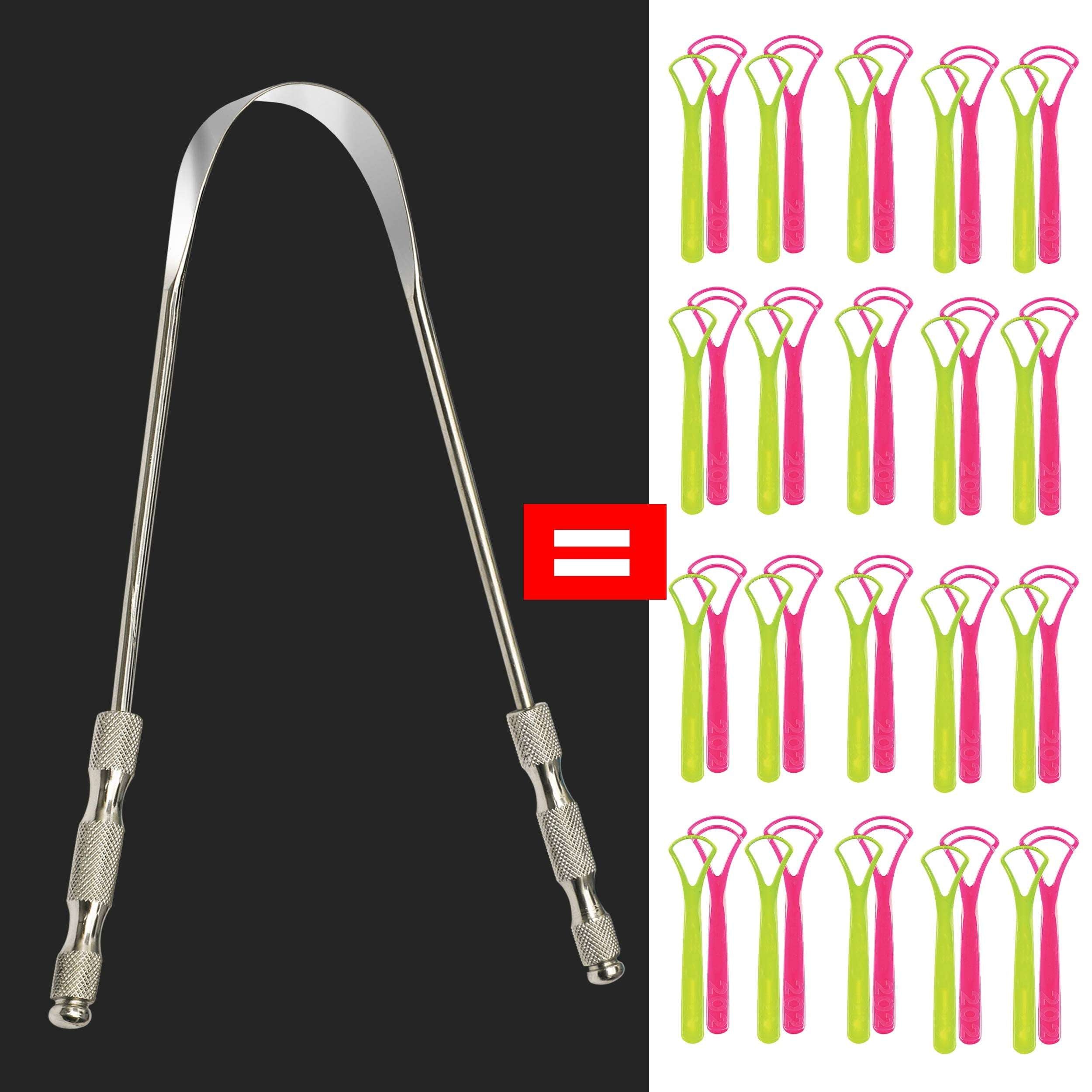 stainless steel tongue scraper UK showing metal U shaped scraper with knurled handles beside multiple pink green plastic scrapers