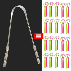 stainless steel tongue scraper UK showing metal U shaped scraper with knurled handles beside multiple pink green plastic scrapers