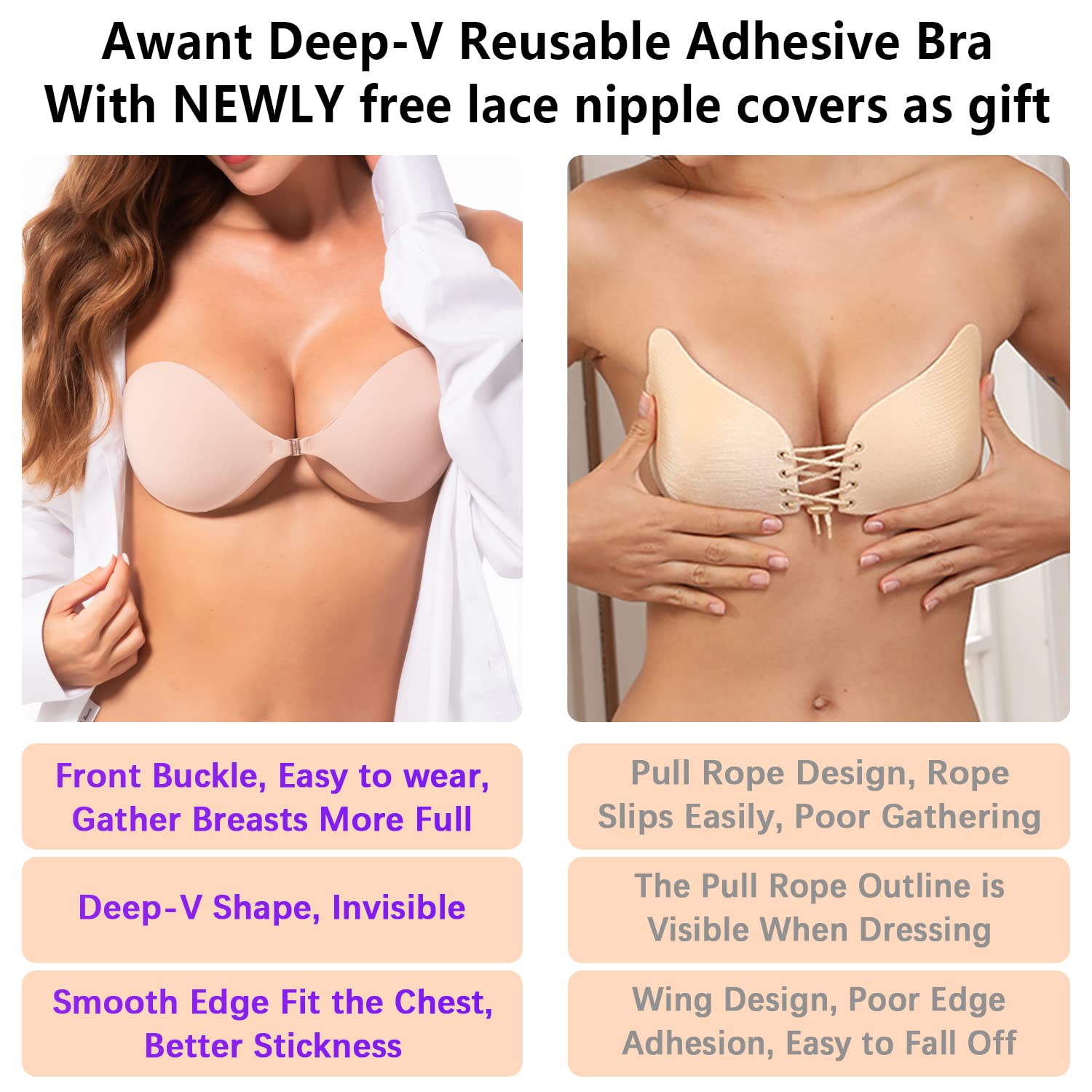 Awant adhesive bra for backless dress with deep-V shape and front buckle for better support