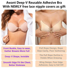 Adhesive deep-V reusable bra in nude, with lace nipple covers, front tie detail