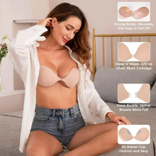 Adhesive deep-V reusable bra in light beige on model, smooth cups, centered clasp