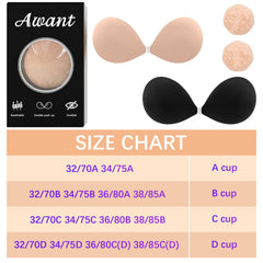 Awant adhesive bra for backless dress in nude and black colors with size chart and reusable nipple covers